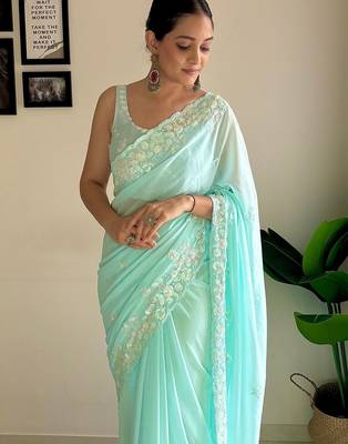 blue embellished sequinned poly georgette saree 5