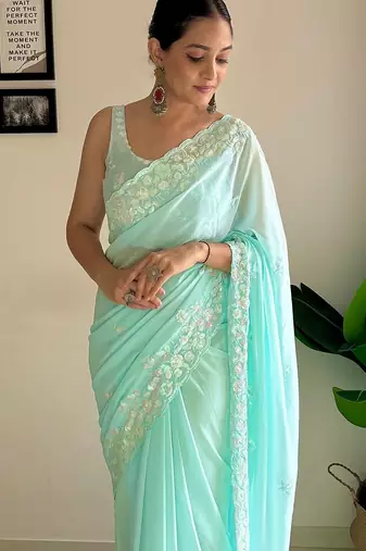 blue embellished sequinned poly georgette saree