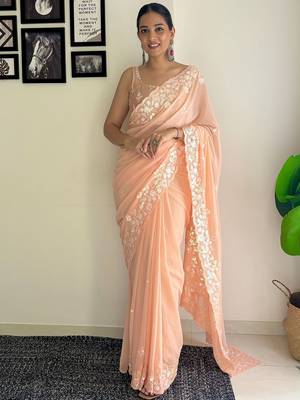 peach sequinned poly georgette saree  with blouse piece 1