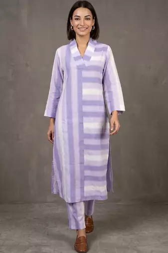 women striped regular cotton kurta with trousers