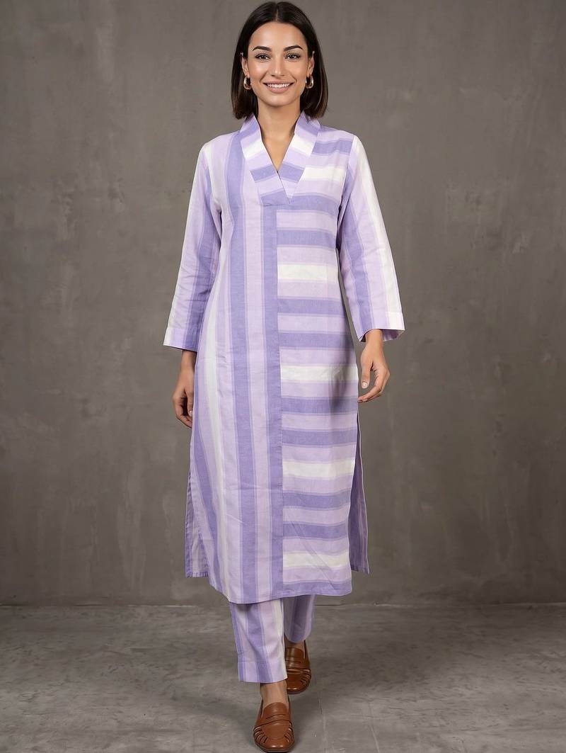 women striped regular cotton kurta with trousers