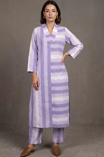 women striped regular cotton kurta with trousers