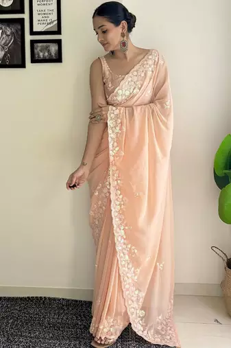 peach sequinned poly georgette saree  with blouse piece