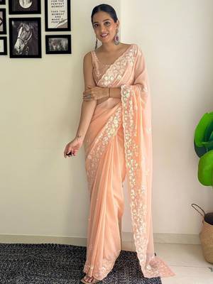 peach sequinned poly georgette saree  with blouse piece 4