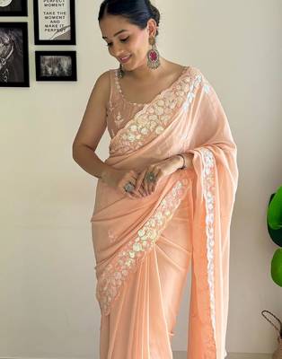 peach sequinned poly georgette saree  with blouse piece 5