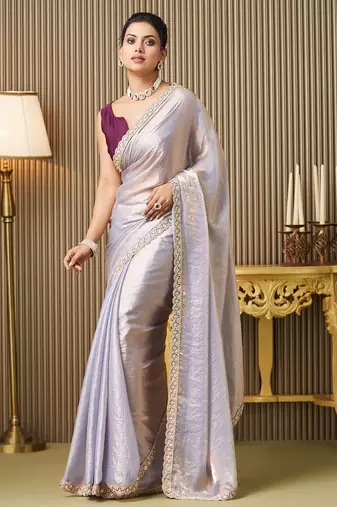 lavender beads and stones satin saree