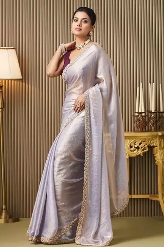 lavender beads and stones satin saree