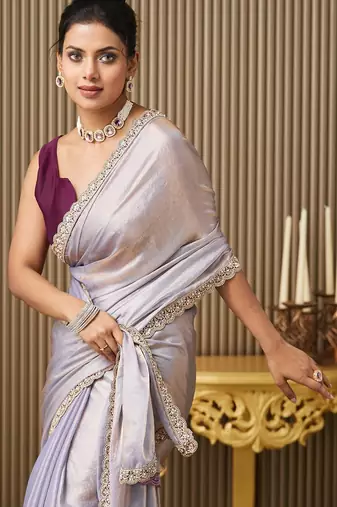 lavender beads and stones satin saree