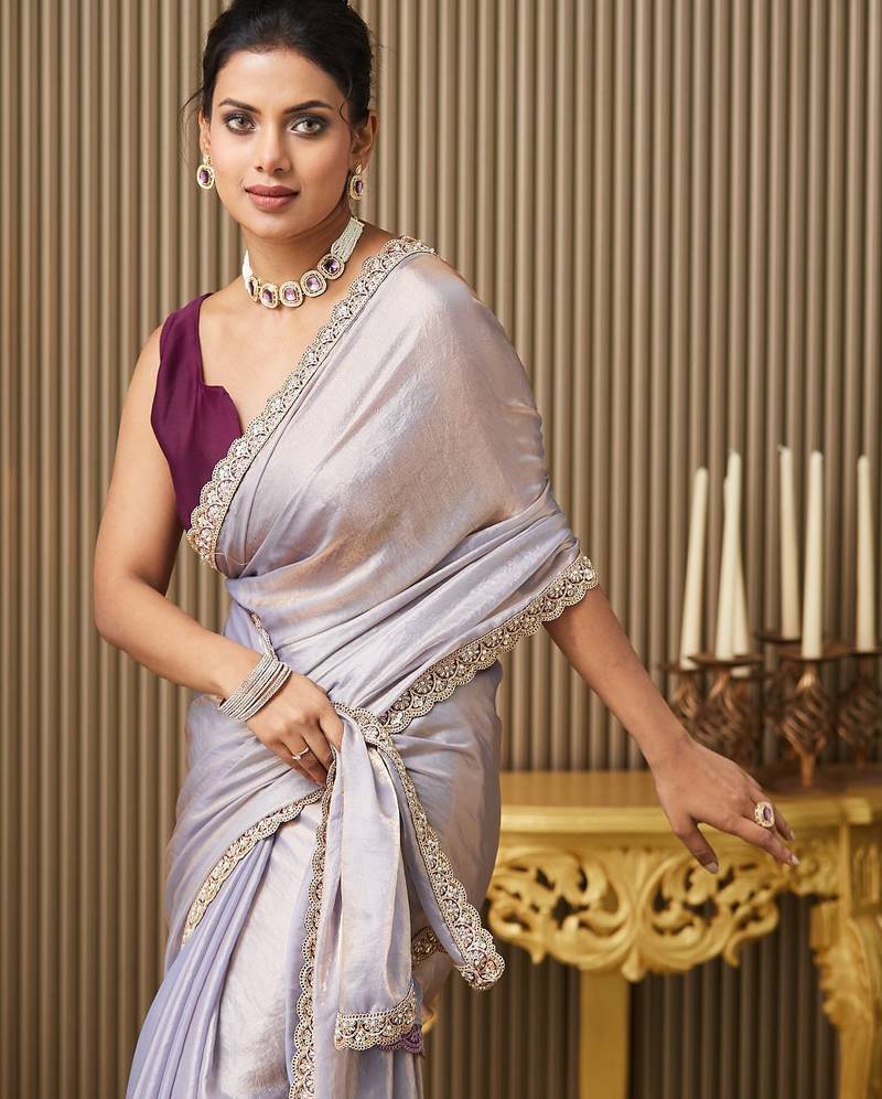 lavender beads and stones satin saree