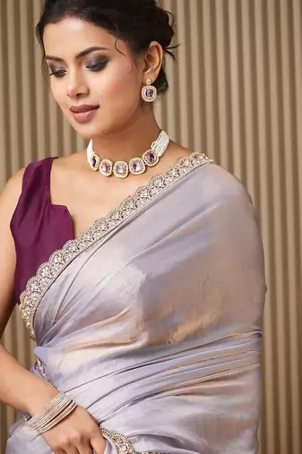 lavender beads and stones satin saree