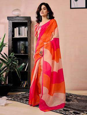 orange colourblocked pure linen ready to wear saree 1