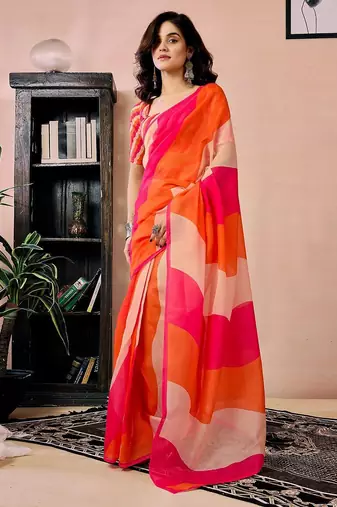 orange colourblocked pure linen ready to wear saree