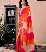 orange colourblocked pure linen ready to wear saree