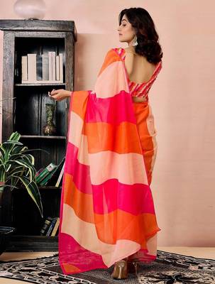 orange colourblocked pure linen ready to wear saree 2
