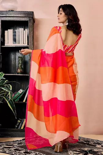 orange colourblocked pure linen ready to wear saree