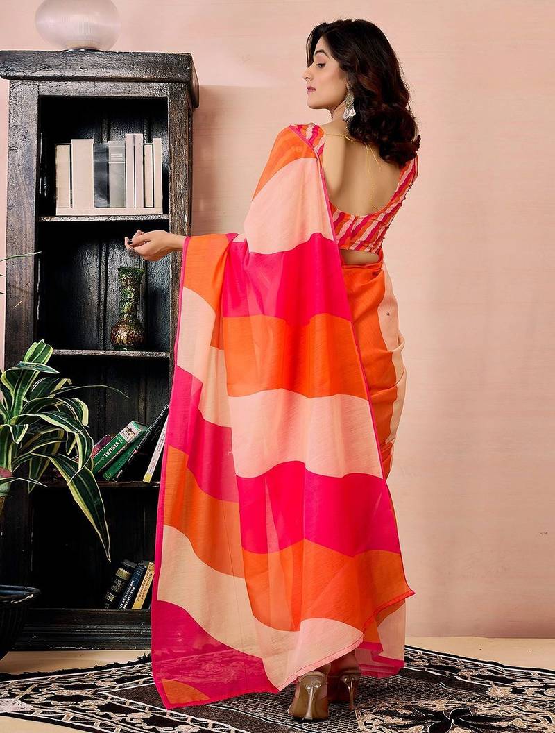 orange colourblocked pure linen ready to wear saree