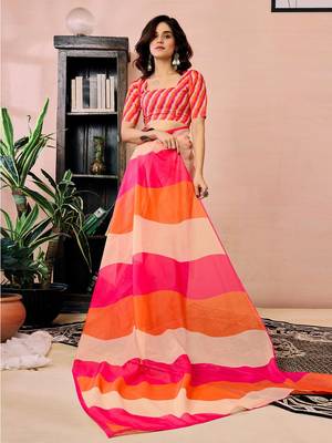 orange colourblocked pure linen ready to wear saree 3