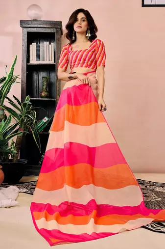 orange colourblocked pure linen ready to wear saree