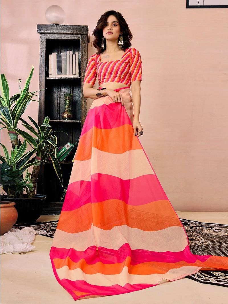 orange colourblocked pure linen ready to wear saree