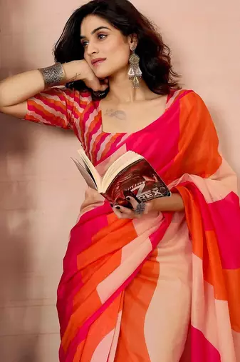 orange colourblocked pure linen ready to wear saree