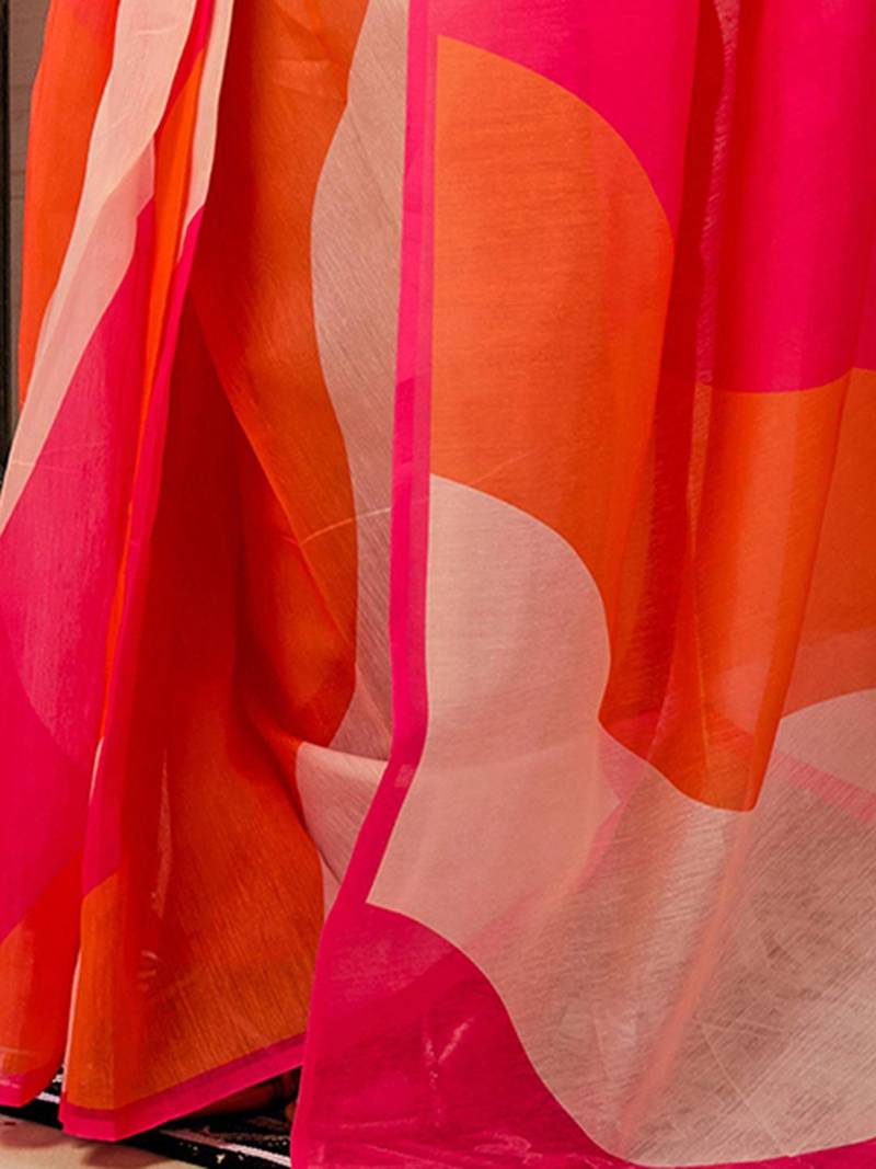 orange colourblocked pure linen ready to wear saree