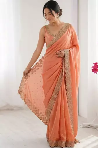 peach embellished embroidered silk blend heavy work saree