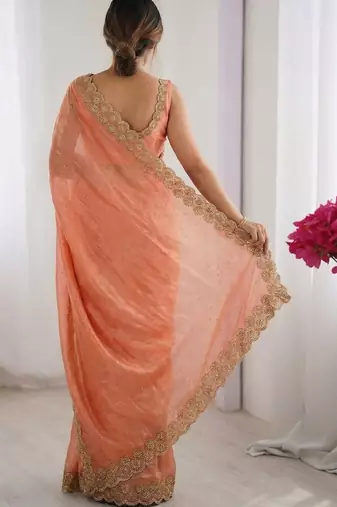 peach embellished embroidered silk blend heavy work saree