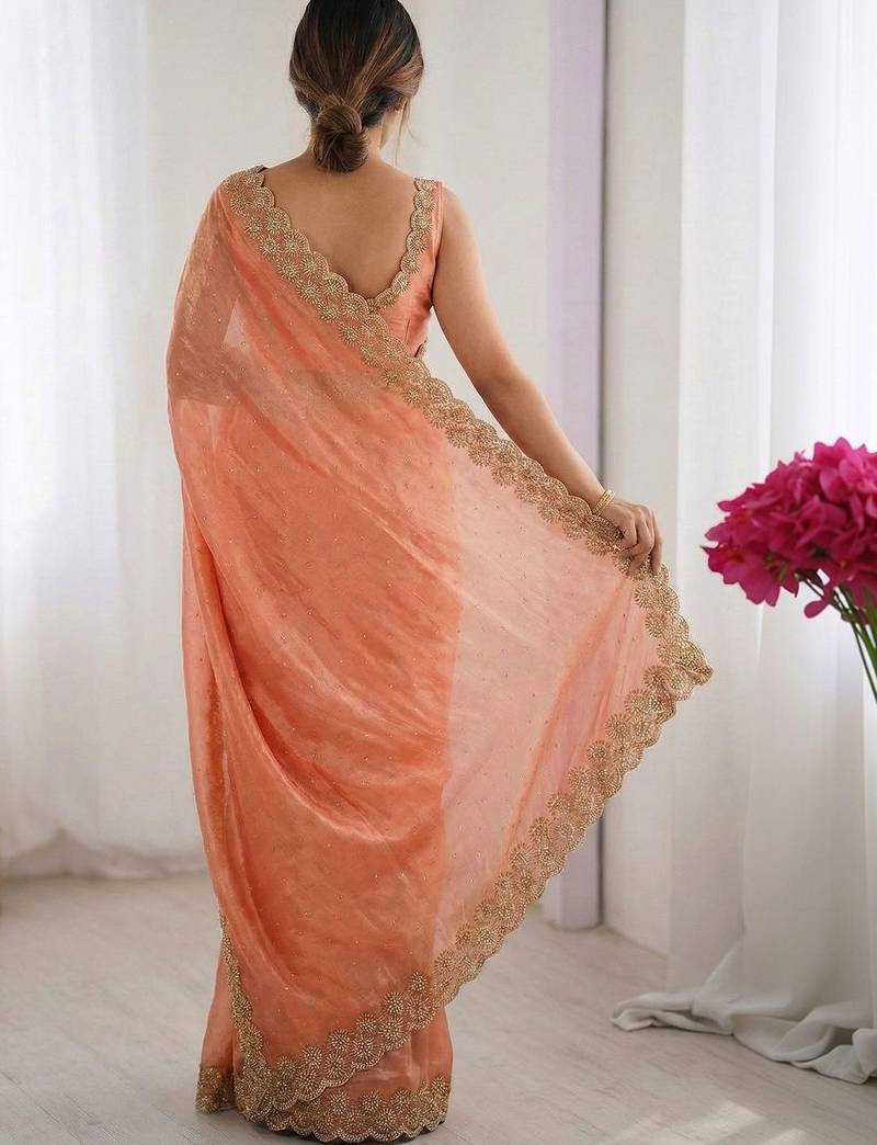 peach embellished embroidered silk blend heavy work saree