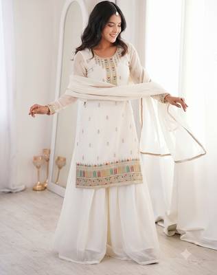White embroidered kurta with sharara & dupatta set 3
