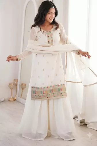 White embroidered kurta with sharara & dupatta set