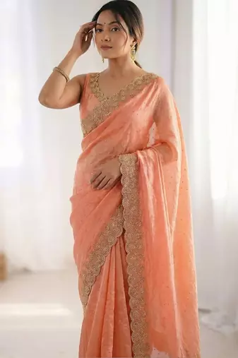 peach embellished embroidered silk blend heavy work saree