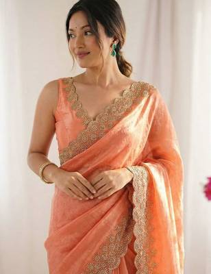 peach embellished embroidered silk blend heavy work saree 4