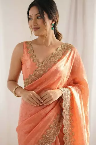 peach embellished embroidered silk blend heavy work saree
