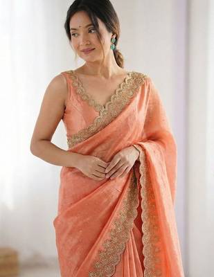 peach embellished embroidered silk blend heavy work saree 5