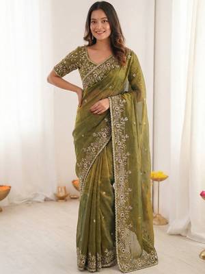 olive embellished embroidered satin heavy work saree 1