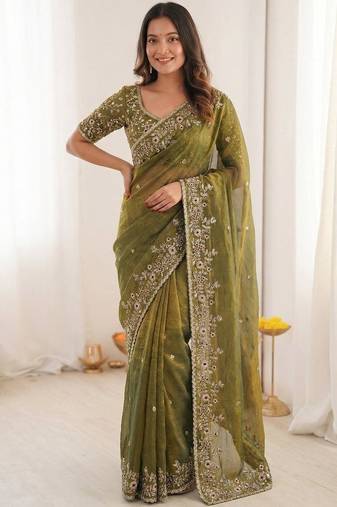 olive embellished embroidered satin heavy work saree