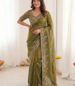 olive embellished embroidered satin heavy work saree