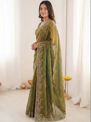 olive embellished embroidered satin heavy work saree 2