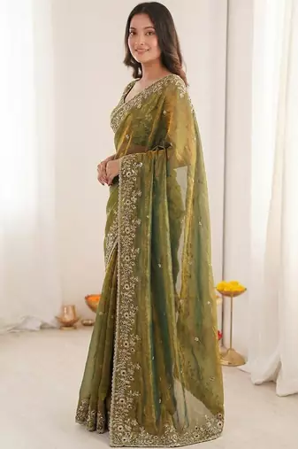olive embellished embroidered satin heavy work saree