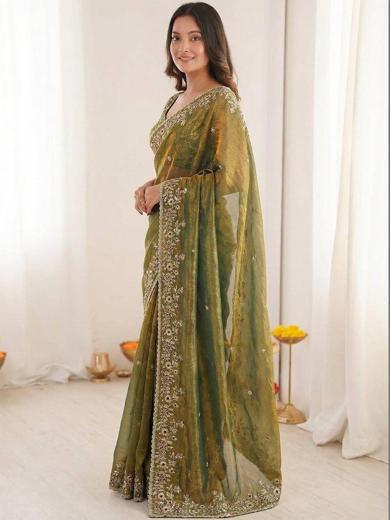 olive embellished embroidered satin heavy work saree