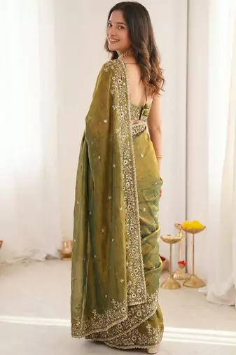 olive embellished embroidered satin heavy work saree