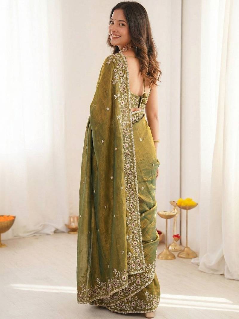 olive embellished embroidered satin heavy work saree