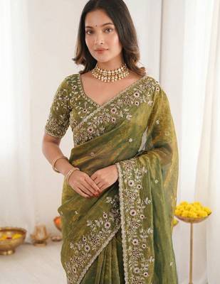 olive embellished embroidered satin heavy work saree 4