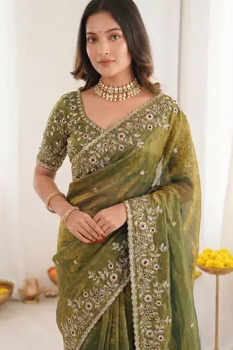 olive embellished embroidered satin heavy work saree