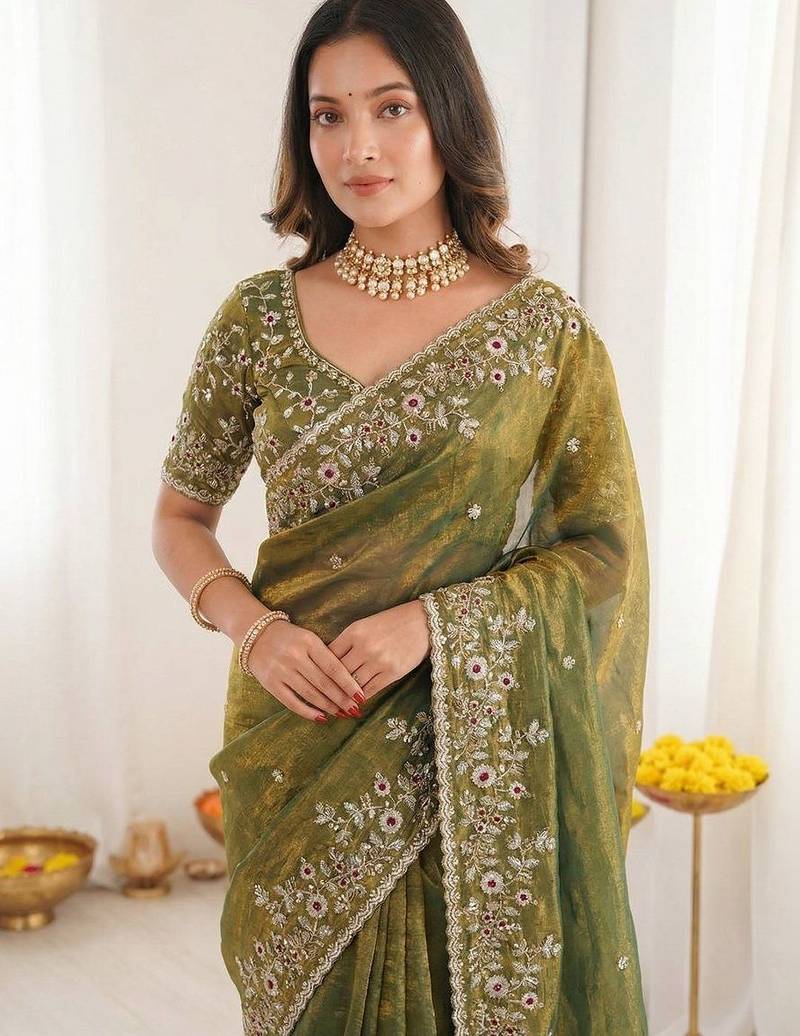 olive embellished embroidered satin heavy work saree