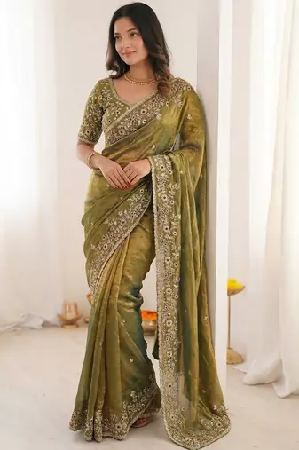 olive embellished embroidered satin heavy work saree