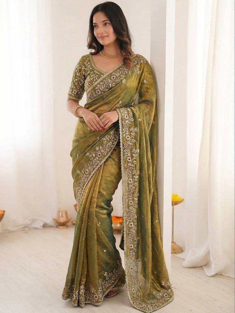 olive embellished embroidered satin heavy work saree