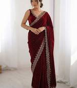 maroon embellished embroidered silk blend heavy work saree