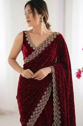maroon embellished embroidered silk blend heavy work saree