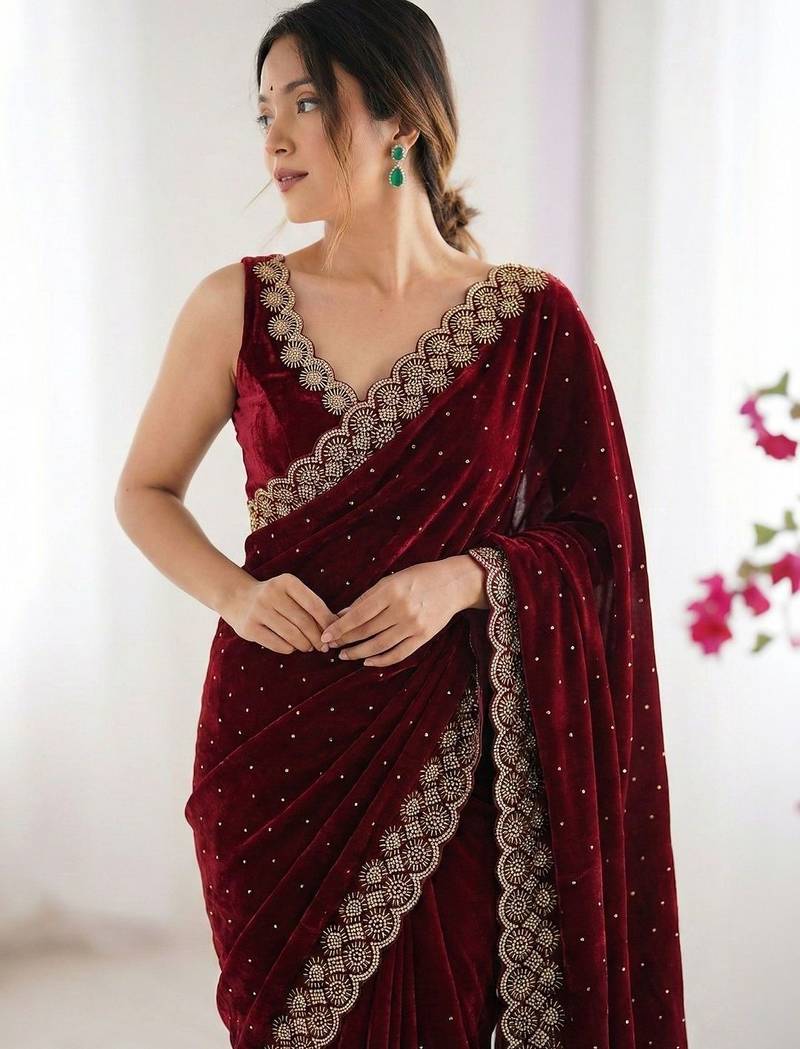 maroon embellished embroidered silk blend heavy work saree